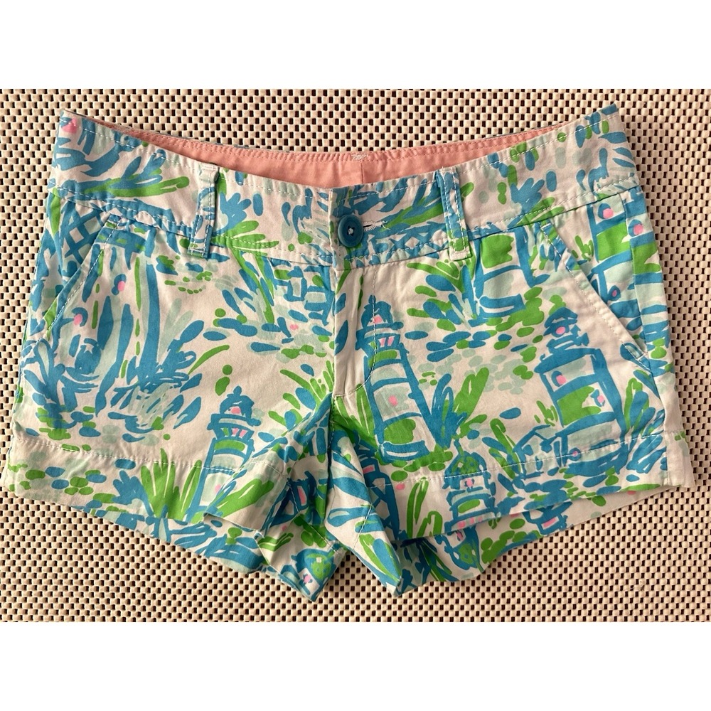 Lilly Pulitzer Shorts The Walsh Sz 0 Pink Blue Lighthouse Cotton Low Rise Preppy